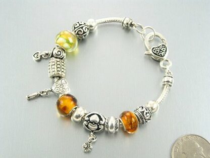 Amber Murano Bead Silvertone European Bead Bracelet