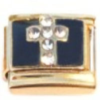 CZ Cross on Black Gold Italian Charm