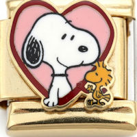 Snoopy & Woodstock in Pink Heart Gold Italian Charm