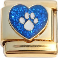 Paw Print on Blue Glitter Heart Gold Italian Charm