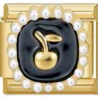 Cherry on Black with Pearl Frame Gold Italian Charm