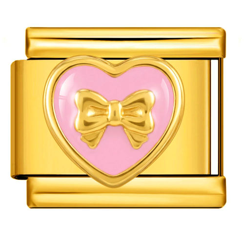 Pink Heart with Bow Gold Italian Charm